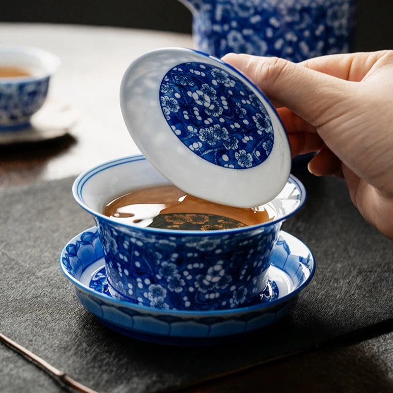 Porcelain Gaiwan Blue & White Plum Blossom Tea Set