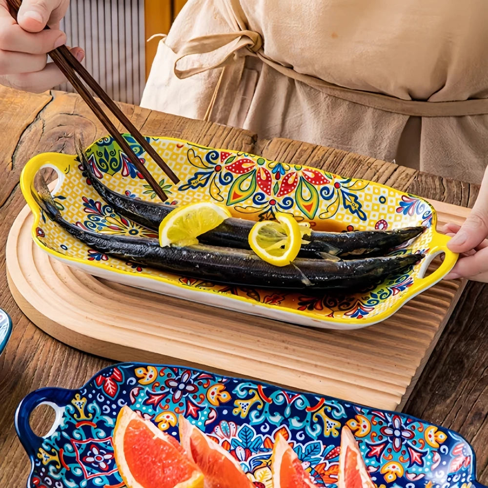 Bohemian Ceramic Fish Dish with Handle