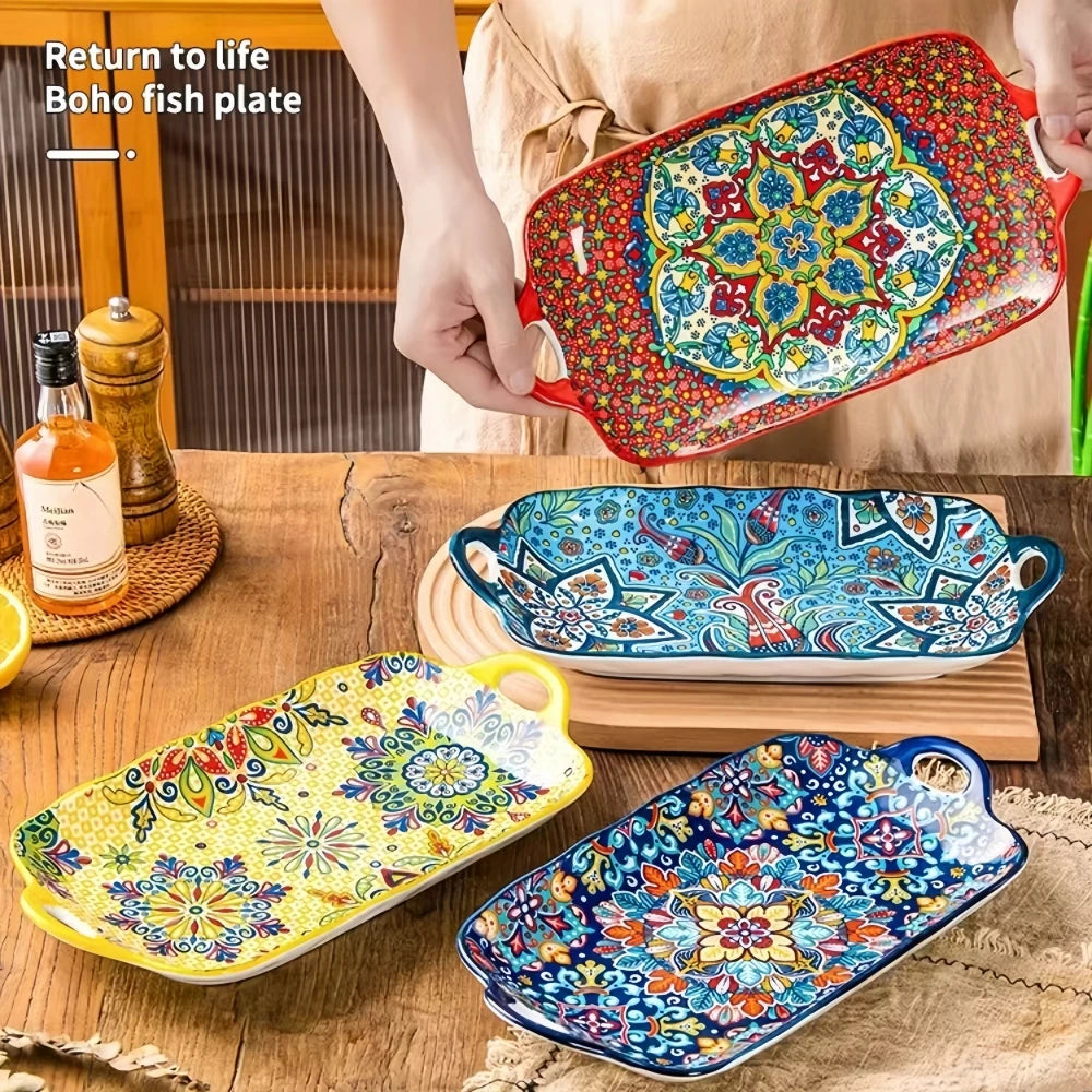 Bohemian Ceramic Fish Dish with Handle