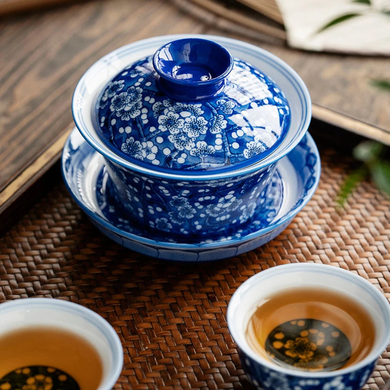 Porcelain Gaiwan Blue & White Plum Blossom Tea Set